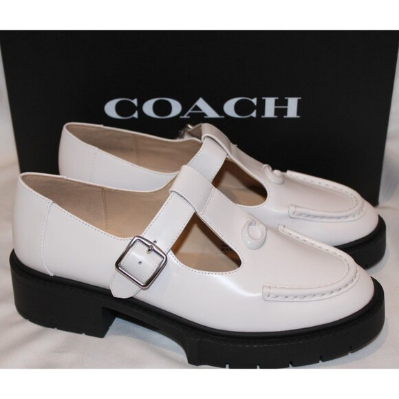COACH WOMEN'S LOGO PATENT LEATHER MARY JANE PLATFORM SHOES WHITE SZ 7.5 $195 - Picture 1 of 7